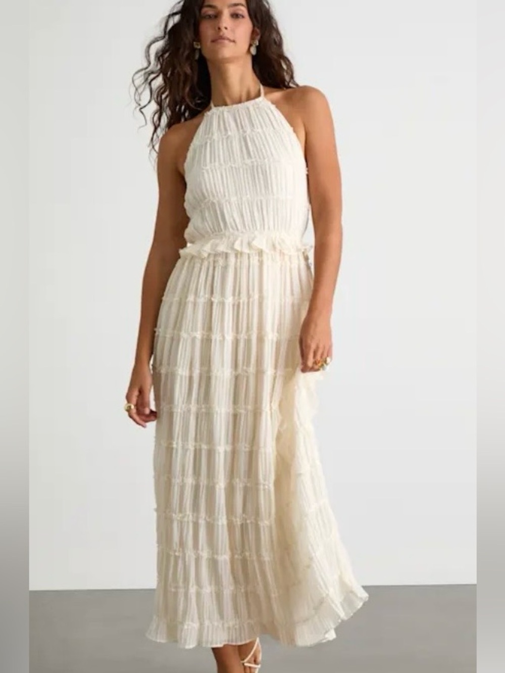 Lulus Women's Madriana Ivory Halter Ruffled Midi Dress. Sz M.   NWT